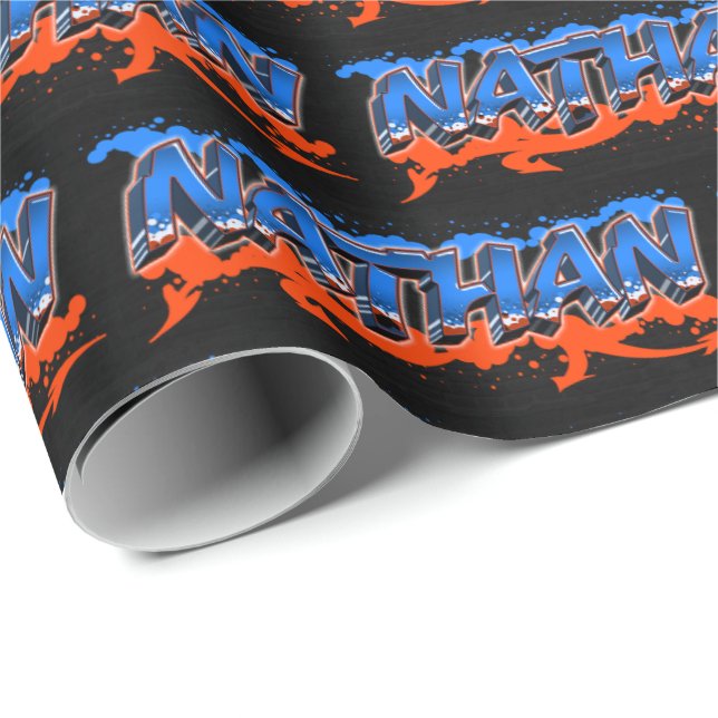 Papel De Presente Nathan Vorname Name Graffiti blue orange (Ponta do rolo)