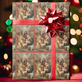 Papel De Presente Natividade Antiga Sagrada Família com Anjo Natal