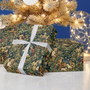 Papel De Presente Natividade Floral Vintage em Azul Meia-Noite