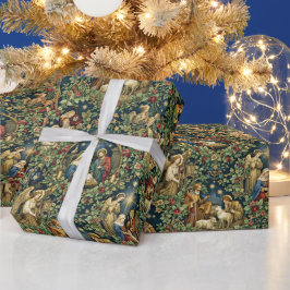 Papel De Presente Natividade Floral Vintage em Azul Meia-Noite