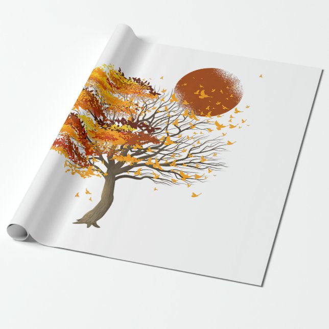 Papel De Presente Natureza Selvagem Plena Árvore Da Lua Bando De Ave (Desenrolado)