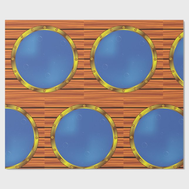 Papel De Presente Nautical Ship Porthole Window with Blue Water (Aberto)