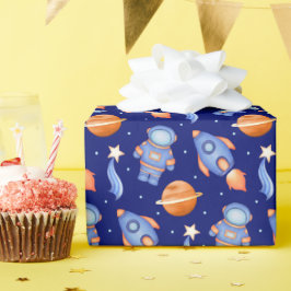 Papel De Presente Nave Espacial & Planetas Menino Aniversário Astron