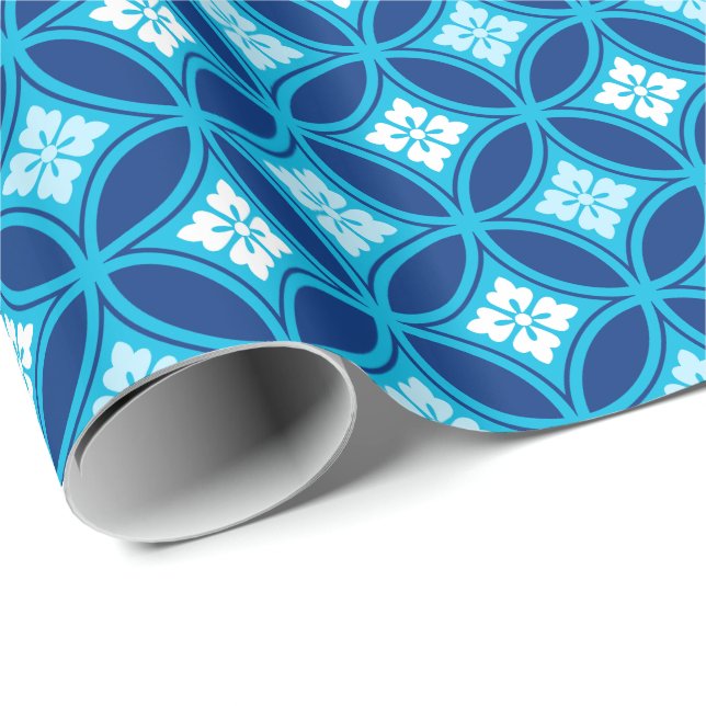 Papel De Presente Navio com Motif Flor, Azul Indigo Profundo (Ponta do rolo)