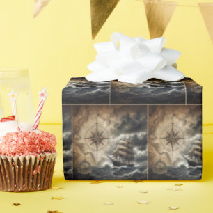 Papel De Presente Navio de Vela Antigo com Rosa dos Ventos