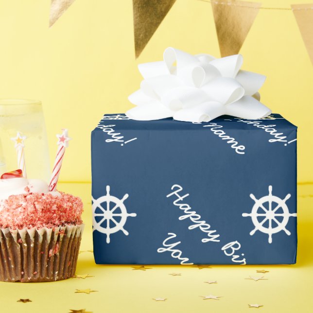 Papel De Presente Navio náutico personalizado azul e branco (Festa de aniversário)
