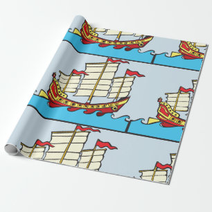 Papel De Presente Navio Tradicional Vermelho da China em Ondas Azuis