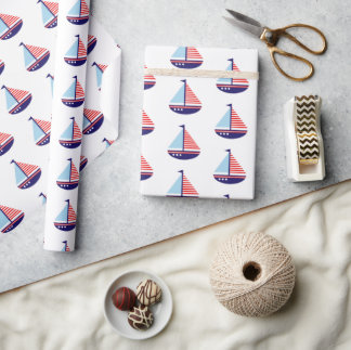 Papel De Presente Navio-vela Vermelho Náutico, Branco e Azul