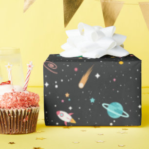 Papel De Presente Navios e planetas espaciais em preto