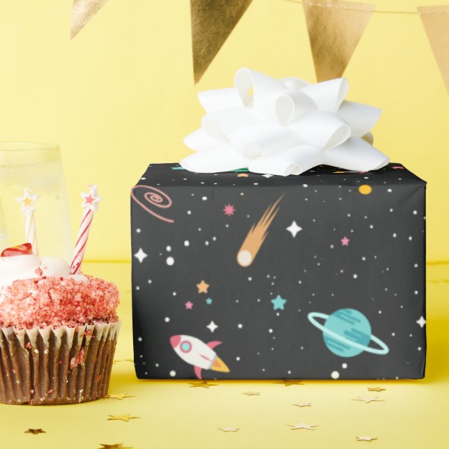 Papel De Presente Navios e planetas espaciais em preto (Festa de aniversário)