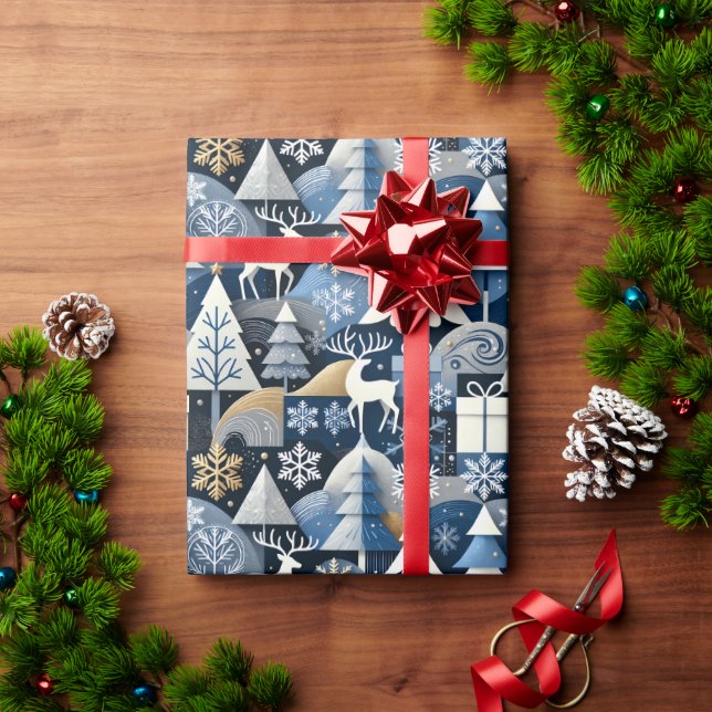 Papel De Presente Navy Blue Gold Nordic Christmas Forest Pattern (Presente de Natal)
