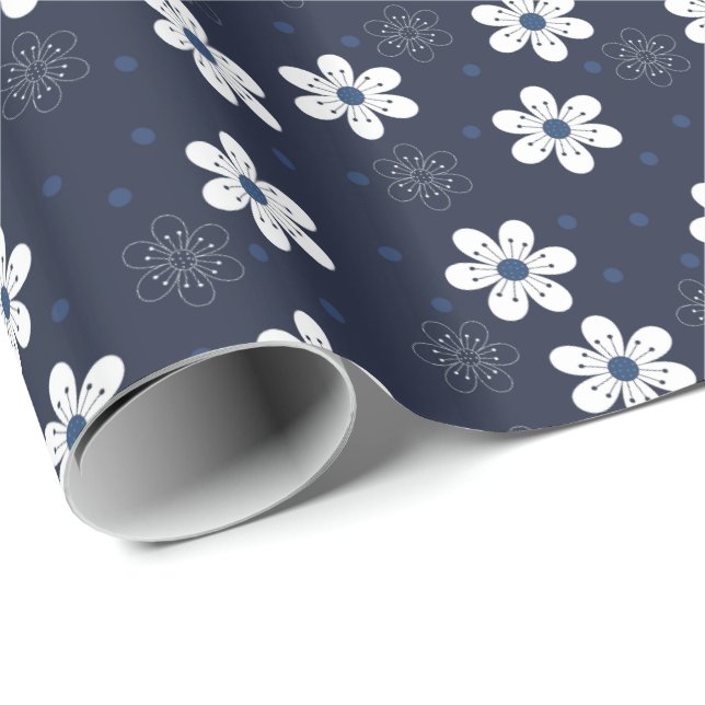 Papel De Presente Navy Blue Pretty Floral Pattern (Ponta do rolo)