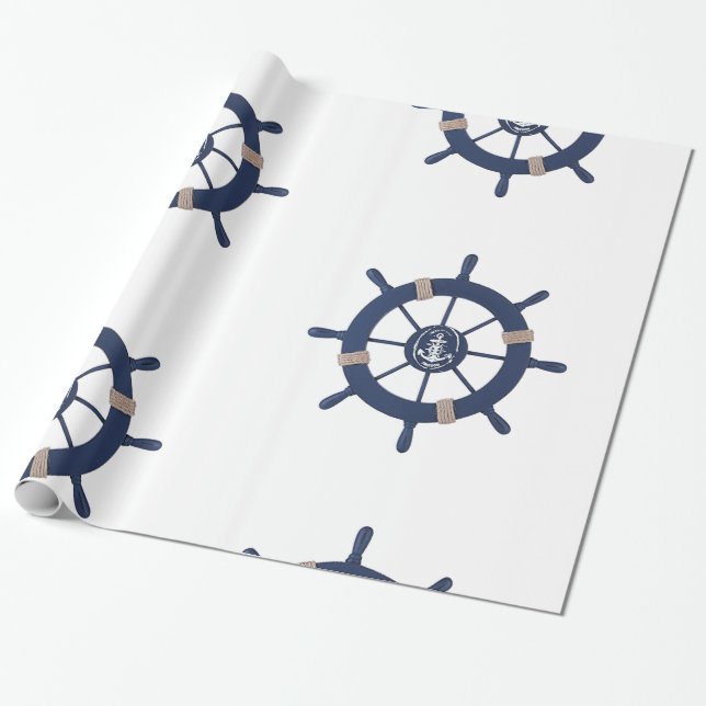 Papel De Presente Navy Blue Ship Wheel Nautical (Desenrolado)