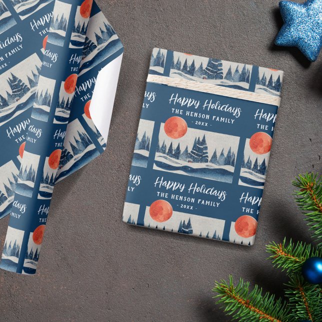 Papel De Presente Navy Blue Winter Landscape Forest Moon Drawing  (Criador carregado)