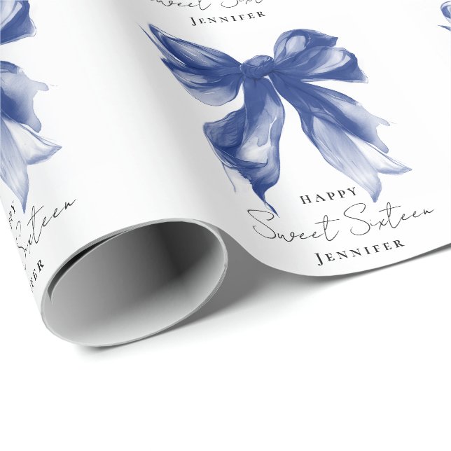 Papel De Presente Navy Bow Coquette Script Sweet 16 Party  (Ponta do rolo)