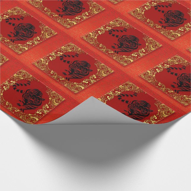 Papel De Presente Negro Tigre Chinês Zodíaco Vermelho e Dourado (Ponta)