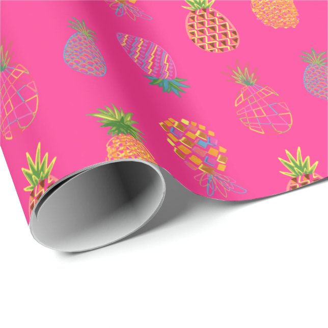 Papel De Presente Neon Abstrato Pineapple em Neon Pink (Ponta do rolo)