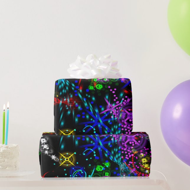 Papel De Presente Neon Color Stars Swirl Paint Psychedelic (Presentes para festas)