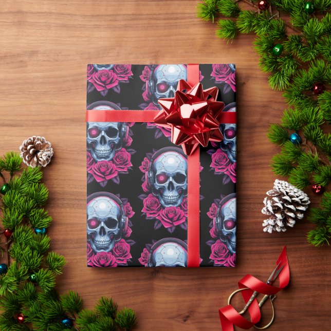 Papel De Presente Néon Cyber Death Skull e Rosas Black (Presente de Natal)