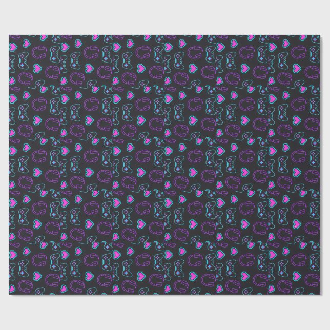Papel De Presente Neon Gamer Controller and Hearts Pattern (Aberto)