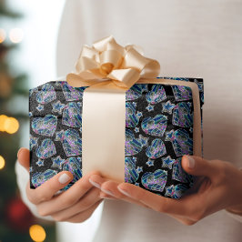 Papel De Presente Néon Negro Brilhante Brilho Xmas Corações e Estrel