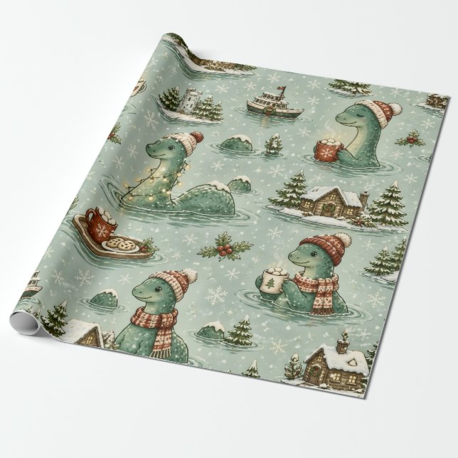 Papel De Presente Nessie do Natal Monstro do Lago Ness Aconchegante  (Desenrolado)