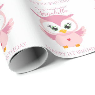 Papel De Presente Neta Primeiro Aniversário Coruja Rosa Fofa