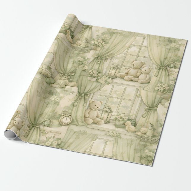 Papel De Presente Neutral Nursery Teddy Bear Room Beige Pattern (2) (Desenrolado)