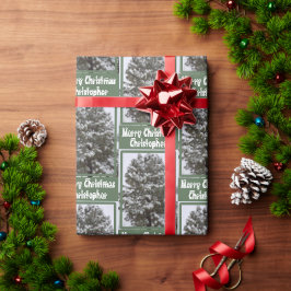 Papel De Presente Neve Coberta Evergreen Tree Photo Nome de Saudação