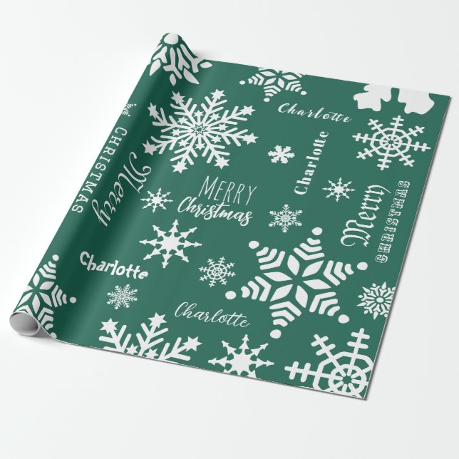 Papel De Presente Neve de Natal de Nome Personalizado Verde (Desenrolado)
