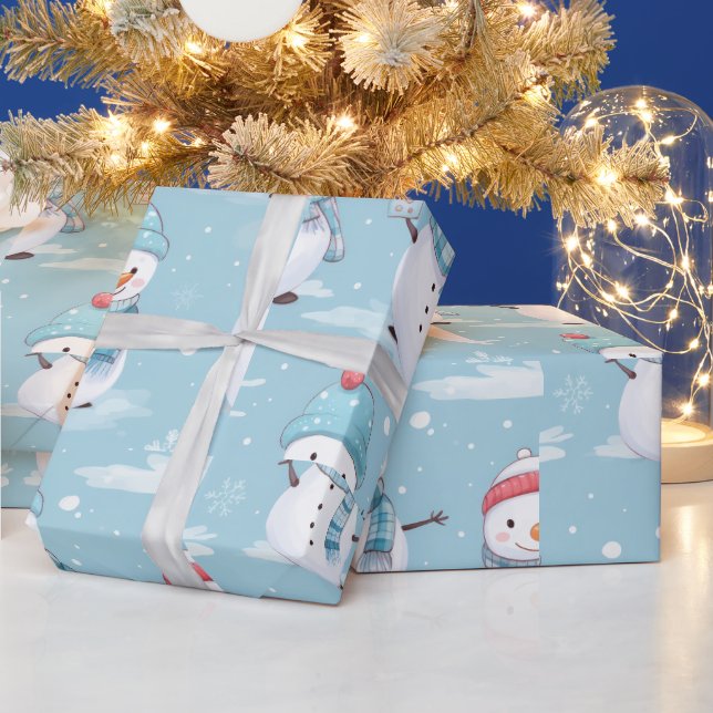 Papel De Presente Neve e Flocos de Neve Azul Branco Moderno Natal (Feriados)