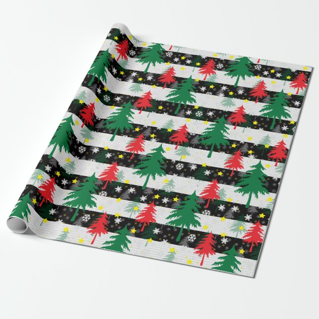Papel De Presente Neve Negra Branca Neves Árvores Verdes Vermelhas (Desenrolado)