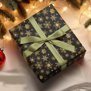 Papel De Presente Neve Negra Dourada com Floco de Neve