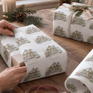 Papel De Presente Neve Personalizada de Inverno Fazenda Aquarela Nat