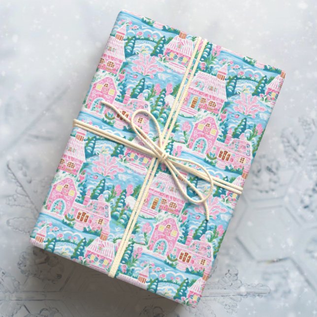 Papel De Presente Neve Rosa e Azul Pão de Natal (Criador carregado)