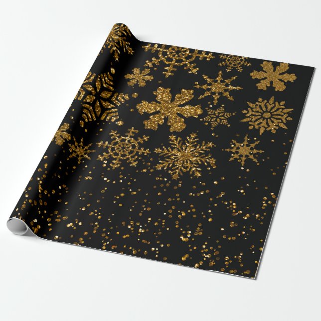 Papel De Presente Neves Negra e Dourada Estrelas Feliz Natal (Desenrolado)