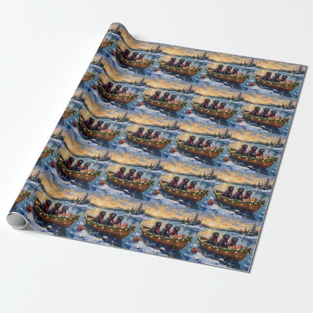 Papel De Presente Newfoundland Dog Christmas Boat Holiday (Desenrolado)