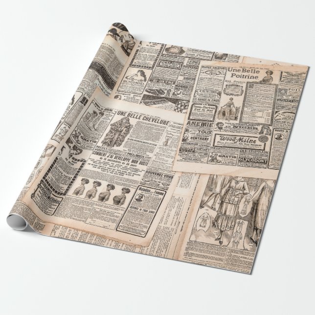 Papel De Presente Newspaper pages with antique advertising. Woman's  (Desenrolado)