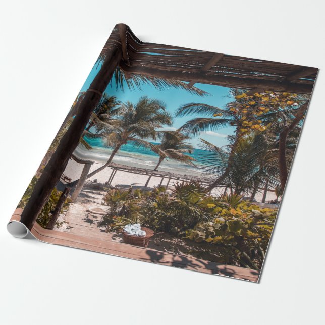 Papel De Presente Nipa hut sob palmeiras de coco (Desenrolado)