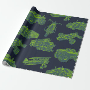 Papel De Presente No Azul e Verde Em Movimento Veículos Carros Menin