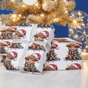 Papel De Presente No Natal Lights Highland Cow Santa Hat