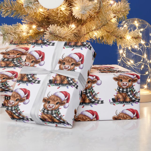 Papel De Presente No Natal Lights Highland Cow Santa Hat (Feriados)