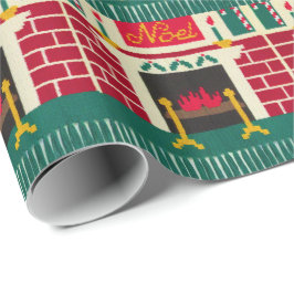 Papel De Presente Noel Christmas Lareira Red Green Crochet Dourado