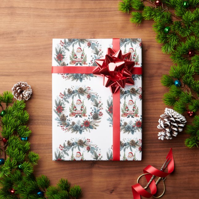 Papel De Presente Noel Claus Winter Wreath Happy Holidations (Presente de Natal)