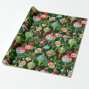 Papel De Presente Noel nostálgico: Elfos e ornamentos