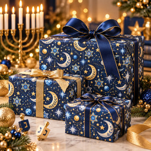 Papel De Presente Noite Celestial de Hanukkah com Estrelas Douradas