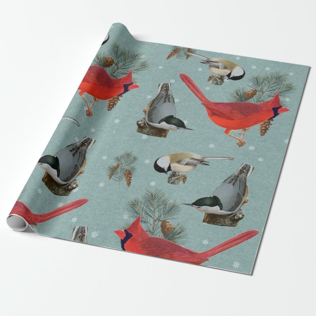 Papel De Presente Noite de Frango Cardinal de Aves de Natal (Desenrolado)