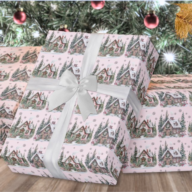 Papel De Presente Noite Elegante de Cabina Esmagadora Rosa (Elegant Winter Cabin Blush Pink Christmas Wrapping Paper)