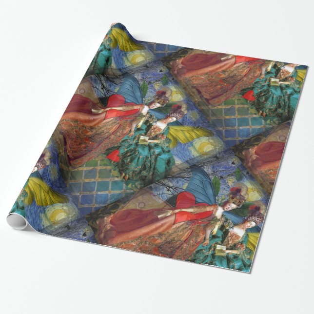 Papel De Presente Noite Estrelada Donzelas Rococó Asas de Borboleta  (Desenrolado)
