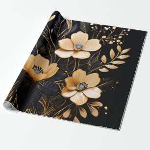 Papel De Presente Noite Floral: Padrões Pretos e Dourados